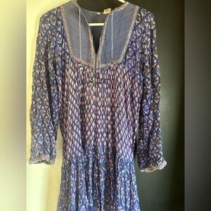 Vintage 70s Indian Cotton Gauze Blockprint Floral Boho Dress Size M